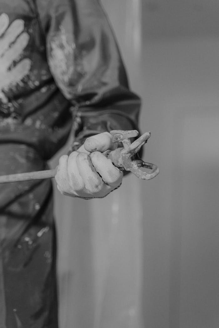 Monochrome photo featuring a worker's hand gripping a wrench, symbolizing construction.